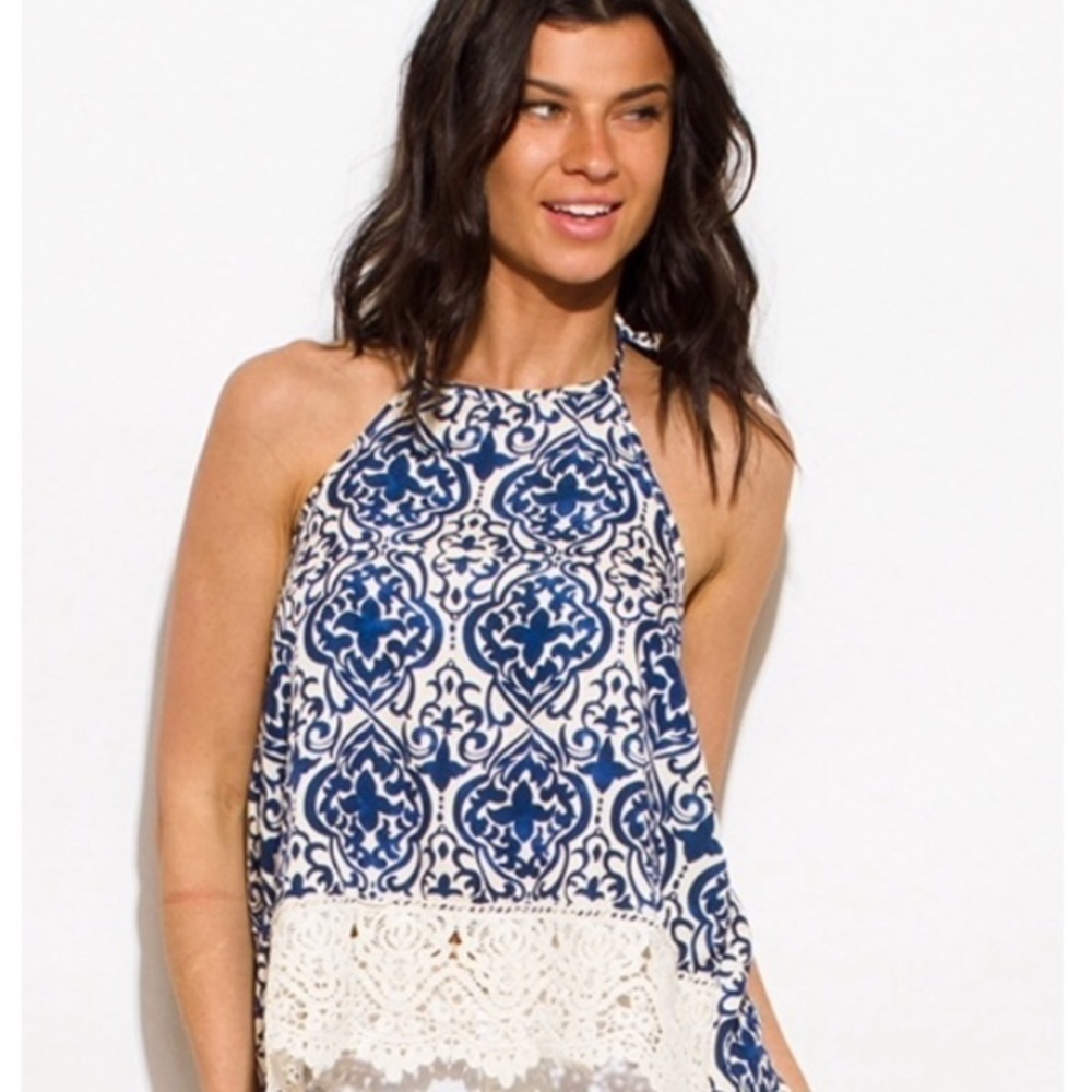 New With Tags Blue Print Crochet Trim Halter Top Size Small